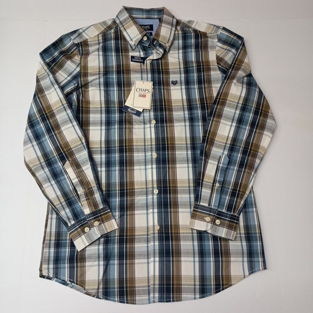 Chaps Easy Care Woven Shirt Men's S Small Ivory Plaid‎ Stretch Classic Fit